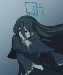 Rule 34 | 1girl, alternate universe, aqua eyes, aris (blue archive), black dress, black hair, blue archive, breasts, broken halo, commentary request, dark persona, dress, expressionless, floating hair, gradient background, grey background, hair between eyes, hairband, halo, highres, korean commentary, leaning to the side, long hair, long hair between eyes, long sleeves, looking to the side, pale skin, side ponytail, sketch, skyrain315, small breasts, solo, upper body, wide sleeves
