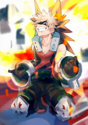 Rule 34 | 1boy, absurdres, bakugou katsuki, bare shoulders, belt, black mask, black pants, black tank top, blonde hair, boku no hero academia, boots, buckle, collarbone, combat boots, commentary, commentary request, detached sleeves, explosion, explosive, eye mask, gloves, grenade, hands up, headgear, highres, knee pads, male focus, mm1221352, outdoors, pants, red eyes, short hair, smile, solo, spiked hair, tank top