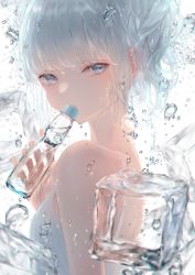 Rule 34 | 1girl, bare shoulders, blue eyes, bottle, bubble, commentary request, from side, hand up, highres, holding, holding bottle, huion, looking at viewer, looking to the side, nyaon oekaki, original, parted lips, shirt, short hair, sidelocks, signature, silver hair, sleeveless, sleeveless shirt, solo, two side up, upper body, water, white background, white shirt