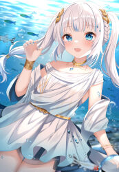 Rule 34 | 1girl, :d, animal, bare shoulders, blue eyes, blue hair, blue nails, blurry, blurry background, blush, braid, breasts, claw pose, commentary request, day, depth of field, dress, fish, gawr gura, gawr gura (party dress), hand up, hololive, hololive english, lokyin house, long hair, looking at viewer, multicolored hair, nail polish, open mouth, outdoors, pleated dress, shark girl, sharp teeth, small breasts, smile, solo, streaked hair, teeth, twintails, underwater, very long hair, virtual youtuber, water, white dress, white hair