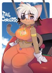 Rule 34 | 1girl, :3, alicia priss, animal ears, armlet, black hair, blue sky, body fur, border, breasts, bright pupils, brown fur, cat ears, cat girl, cat tail, cleavage cutout, clothing cutout, copyright name, dangan, eyepatch, furry, furry female, gloves, large breasts, little tail bronx, looking at viewer, midriff, multicolored hair, navel, outside border, pants, puffy pants, purple eyes, red pants, sitting, sky, sleeveless, solo, tail, tail concerto, white border, white gloves, white hair, white pupils
