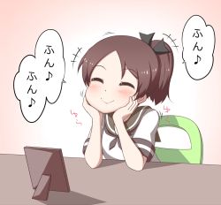 Rule 34 | +++, 10s, 1girl, ^ ^, brown hair, closed mouth, closed eyes, hands on own face, high ponytail, kantai collection, musical note, neckerchief, ponytail, quaver, rinmei, school uniform, serafuku, shikinami (kancolle), short hair, short sleeves, sitting, smile, solo, speech bubble, spoken musical note, translation request
