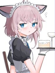 Rule 34 | 1girl, ahoge, alternate costume, animal ear fluff, animal ears, apron, arknights, black dress, blue eyes, blue necktie, blush, brown hair, dress, enmaided, flying sweatdrops, food, fox ears, from side, gloves, hand up, highres, holding, holding tray, long sleeves, looking at viewer, looking to the side, maid, maid apron, maid headdress, necktie, parted lips, puffy long sleeves, puffy sleeves, simple background, solo, spam (spamham4506), sussurro (arknights), sweat, tray, upper body, white apron, white background, white gloves
