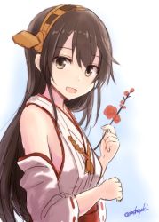 Rule 34 | 10s, 1girl, :d, bare shoulders, black hair, brown eyes, detached sleeves, flower, hairband, haruna (kancolle), headgear, japanese clothes, kantai collection, long hair, mashayuki, nontraditional miko, open mouth, red skirt, ribbon-trimmed sleeves, ribbon trim, skirt, smile, solo, twitter username