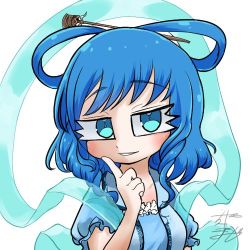 Rule 34 | 1girl, profile picture, blue dress, blue hair, chamaji, commentary request, dress, finger to cheek, frilled shirt, frills, hair ornament, hair rings, hair stick, kaku seiga, looking at viewer, lowres, shawl, shirt, short hair, short sleeves, signature, solo, touhou, upper body, vest, white background
