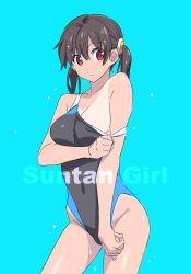 Rule 34 | 1girl, bare arms, bare legs, bare shoulders, black one-piece swimsuit, blue background, braid, brown hair, collarbone, colored eyelashes, competition school swimsuit, dark-skinned female, dark skin, eyebrows hidden by hair, hair between eyes, highres, nirasawa hiyoko, one-piece swimsuit, one-piece tan, original, red eyes, school swimsuit, simple background, solo, suzutsuki kurara, swimsuit, tan, tanline, thighs, twin braids, twintails, undressing