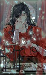 Rule 34 | 1boy, absurdres, architecture, bishounen, black hair, braid, bug, butterfly, butterfly necklace, chinese clothes, earrings, east asian architecture, eyepatch, film grain, glowing butterfly, hair over shoulder, highres, hua cheng, insect, jewelry, long hair, long sleeves, male focus, shiyangtacit, single braid, solo, sparkle, string, string of fate, tianguan cifu, white butterfly, wide sleeves