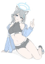 Rule 34 | 1girl, alternate costume, animal ear fluff, animal ears, bare shoulders, blue archive, blue eyes, blue halo, blue jacket, breasts, cross, cross hair ornament, grey hair, hair ornament, halo, highres, inverted cross, jacket, long hair, masabodo, medium breasts, midriff, navel, open clothes, open jacket, shiroko (blue archive), shoes, short hair, short shorts, shorts, simple background, smile, sneakers, solo, thighs, white background
