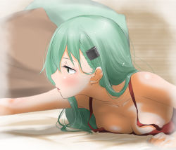 Rule 34 | 1girl, aqua eyes, aqua hair, blush, breasts, cleavage, downblouse, from side, hair ornament, hairclip, highres, kantai collection, large breasts, long hair, lying, no bra, open mouth, pillow, sleepwear, solo, suzuya (kancolle), tama (tamago)
