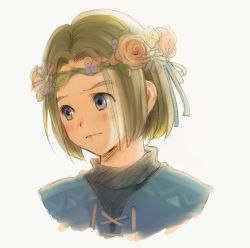 Rule 34 | 1boy, bad id, bad pixiv id, blue eyes, blush, brown hair, commentary request, cropped shoulders, dragon quest, dragon quest xi, flower, flower wreath, hair flower, hair ornament, head wreath, hero (dq11), highres, looking to the side, male focus, mondi hl, parted bangs, rose, short hair, simple background, solo, white background, wreath