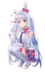 Rule 34 | 1girl, absurdres, black neckwear, black skirt, blue eyes, blue hair, blush, bow, closed mouth, grey thighhighs, hatsune miku, hello kitty, hello kitty (character), highres, holding, holding stuffed toy, long hair, looking at viewer, miudo, necktie, over-kneehighs, pink bow, pleated skirt, sanrio, skirt, smile, squatting, stuffed animal, stuffed toy, thighhighs, twintails, very long hair, vocaloid, white footwear, yuki miku