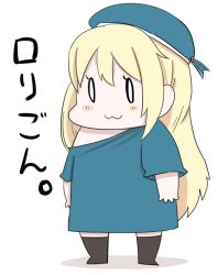 Rule 34 | 0 0, 10s, 1girl, :3, aged down, atago (kancolle), bare shoulders, beret, black legwear, blonde hair, blue hat, blush stickers, borrowed character, child, closed mouth, gaiko kujin, hair between eyes, hat, kantai collection, long hair, solo