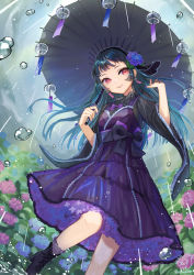 Rule 34 | 1girl, absurdres, ankle boots, aqua hair, black bow, black footwear, black shirt, blue nails, boots, bow, dress, earrings, flower, foot out of frame, hair flower, hair ornament, hairband, hand up, high heel boots, high heels, highres, holding, holding umbrella, hydrangea, jewelry, lolita hairband, long hair, looking at viewer, nail polish, oil-paper umbrella, original, parted lips, pinafore dress, purple bow, purple dress, rain, red eyes, sangatsu (mitsuki358), shirt, sleeveless dress, smile, solo, standing, standing on one leg, umbrella, wide sleeves, wind chime