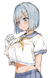 Rule 34 | 1girl, absurdres, blue eyes, blue sailor collar, breasts, commentary request, fumikiri, gloves, grey hair, grey skirt, hair ornament, hairclip, hamakaze (kancolle), hand up, highres, kantai collection, large breasts, looking down, midriff, navel, neckerchief, pleated skirt, sailor collar, school uniform, serafuku, shirt, shirt overhang, short hair, short sleeves, skirt, solo, white background, white gloves, white shirt, yellow neckerchief