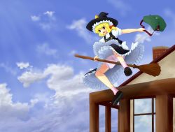 Rule 34 | 1girl, blonde hair, bloomers, blue eyes, bow, braid, broom, female focus, flying, hair bow, hat, jpeg artifacts, kirisame marisa, matahachi, outdoors, sky, solo, touhou, underwear, witch, witch hat