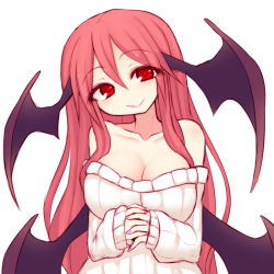 Rule 34 | 1girl, :&gt;, bare shoulders, breasts, cleavage, collarbone, demon wings, head wings, koakuma, kuresento, large breasts, off shoulder, own hands clasped, own hands together, red eyes, red hair, ribbed sweater, solo, steepled fingers, sweater, touhou, white background, wings