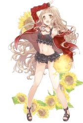 Rule 34 | 1girl, ball, beachball, bikini, blush, fang, flower, goggles, goggles around neck, hair ribbon, happy, highres, holding, holding ball, jacket, looking away, open mouth, orange eyes, patapatahnr, red riding hood (sinoalice), ribbon, sandals, sinoalice, solo, sunflower, swimsuit, wavy hair