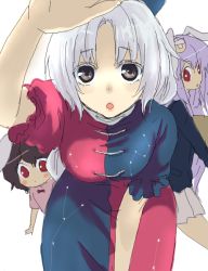 Rule 34 | 3girls, animal ears, bent over, black hair, breasts, female focus, foreshortening, hanging breasts, inaba tewi, large breasts, light purple hair, long hair, looking at viewer, multiple girls, parted bangs, rabbit ears, red eyes, reisen udongein inaba, short hair, silver hair, simple background, touhou, very long hair, white background, yagokoro eirin