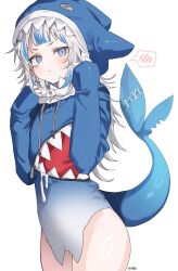 Rule 34 | 1girl, absurdres, ass, blue eyes, blue hair, closed mouth, fins, fish tail, gawr gura, grey hair, haze (ohw8g), highres, hololive, hololive english, long hair, long sleeves, looking at viewer, multicolored hair, pout, shark girl, shark tail, solo, speech bubble, spoken blush, streaked hair, tail, virtual youtuber