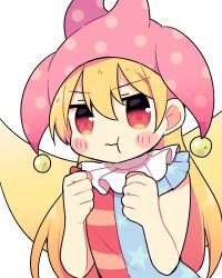 Rule 34 | 1girl, american flag shirt, annoyed, blonde hair, blush, closed mouth, clownpiece, commentary request, fairy wings, hair between eyes, hands up, hat, jester cap, long hair, looking to the side, nakukoroni, neck ruff, pink hat, polka dot, red eyes, shirt, short sleeves, simple background, solo, standing, star (symbol), star print, striped clothes, striped shirt, touhou, v-shaped eyebrows, white background, wings