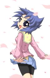 Rule 34 | 00s, 1girl, :d, blue skirt, blush, cherry blossoms, from behind, k10k, long sleeves, looking at viewer, looking back, open mouth, outstretched arms, pani poni dash!, petals, sailor collar, serizawa akane, shorts, shorts under skirt, simple background, skirt, smile, solo, tareme, white background