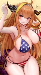 Rule 34 | 1girl, ahoge, american flag bikini, armpits, bikini, bow, breasts, burger, cleavage, collarbone, commentary, diagonal-striped bow, dragon girl, dragon horns, dragon tail, english commentary, fang, female focus, flag print, food, food on face, fourth of july, hand up, highres, holding, holding food, hololive, horns, kiryu coco, large breasts, long hair, looking at viewer, midriff, navel, orange hair, piukute062, print bikini, red eyes, side-tie bikini bottom, signature, sitting, skin fang, solo, striped bikini, striped clothes, swimsuit, tail, thighs, virtual youtuber, yellow background