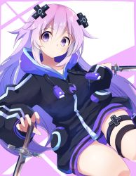 Rule 34 | 1girl, absurdres, adult neptune, breasts, choker, cleavage, d-pad, d-pad hair ornament, hair between eyes, hair ornament, highres, hood, hood down, hooded jacket, jacket, long hair, looking at viewer, medium breasts, neptune (series), purple eyes, purple hair, shimeji wyvern, shin jigen game neptune vii, sidelocks, simple background, sketch, smile, solo, white background