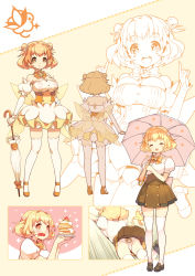 Rule 34 | 1girl, :&gt;, :d, ^ ^, animal print, banana peel, bare shoulders, bear panties, bear print, black footwear, blonde hair, blush, bow, bowtie, breasts, btoor, character sheet, closed eyes, closed mouth, closed umbrella, detached collar, detached sleeves, double bun, dress, flower, food, fruit, hair bun, hair flower, hair ornament, head tilt, heart, heart-shaped pupils, highres, holding, holding umbrella, index finger raised, large breasts, leg up, loafers, long sleeves, lying, magical girl, multicolored hair, multiple views, on stomach, open mouth, orange bow, orange eyes, orange footwear, orange hair, original, outstretched arms, pancake, pancake stack, panties, partially colored, pink panties, plate, pleated skirt, print panties, puffy sleeves, school uniform, shirt, shoes, short hair, short sleeves, skirt, smile, sparkle, strawberry, symbol-shaped pupils, thighhighs, two-tone hair, umbrella, underwear, wavy mouth, white shirt, white thighhighs, wings