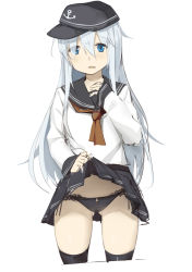 Rule 34 | 10s, 1girl, b3b, black panties, black thighhighs, blue eyes, clothes lift, hat, hibiki (kancolle), highres, kantai collection, lifted by self, long hair, looking at viewer, neckerchief, open mouth, panties, school uniform, serafuku, silver hair, skirt, skirt lift, solo, thighhighs, underwear