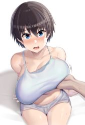 Rule 34 | 1boy, 1girl, bare arms, bare shoulders, blue eyes, blush, grabbing another&#039;s breast, breasts, camisole, collarbone, grabbing, grey hair, grey shorts, hetero, highres, huge breasts, large breasts, looking at viewer, midriff, navel, open mouth, original, short hair, short shorts, shorts, simple background, sitting, solo focus, sweatdrop, tsukunendo, white background