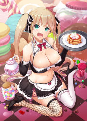 Rule 34 | 1girl, :d, apron, asymmetrical legwear, bare shoulders, black footwear, black shirt, black skirt, blonde hair, blush, bow, bowtie, breasts, candy, chocolate, cleavage, commentary request, crop top, detached sleeves, fang, fishnet thighhighs, fishnets, food, frilled skirt, frills, full body, green eyes, hair bow, high heels, holding, holding tray, horns, jar, large breasts, long hair, looking at viewer, macaron, maid, maid apron, midriff, nakajima yuka, navel, on floor, open mouth, original, paid reward available, pancake, pancake stack, photoshop (medium), plate, red bow, red bowtie, ribbon, shirt, shoes, sitting, skirt, smile, solo, striped, striped bow, syrup, teapot, thighhighs, tray, twintails, uneven legwear, very long hair, wariza, white thighhighs