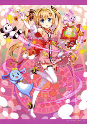 1girl, :3, :d, absurdres, armpits, arms up, black eyes, black ribbon, black stripes, blue eyes, blueberry, blush, blush stickers, boots, bow, bracelet, breasts, bunny, cat, choker, collarbone, copyright request, creature, dress, dress bow, elbow gloves, english text, eyebrows visible through hair, facial mark, flower, food, forehead mark, framed image, frilled dress, frilled sailor collar, frills, fruit, fujima takuya, gloves, hair between eyes, hair ribbon, hairband, hand up, headphones, headphones on ankles, heart, heart-shaped gem, highres, holding, holding stylus, jewelry, leaf, light brown hair, long hair, looking at viewer, macaron, magical girl, medium breasts, multicolored, multicolored stripes, neck ribbon, official art, open mouth, orange flower, page number, patterned background, pink bow, pink dress, print dress, print legwear, red bow, red sailor collar, red stripes, ribbon, sailor collar, scan, short dress, single stripe, skindentation, sleeveless, sleeveless dress, smile, squirrel, standing, standing on one leg, star (symbol), star print, strawberry shortcake, striped, striped legwear, striped ribbon, stuffed animal, stuffed panda, stuffed toy, stylus, sunflower, tablet, thigh boots, thighhighs, thighhighs under boots, tongue, twintails, white frills, white gloves, white legwear, yellow bracelet, yellow choker, yellow hairband, yellow ribbon, zettai ryouiki