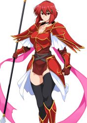 Rule 34 | 1girl, armor, black choker, black thighhighs, breasts, choker, collarbone, fingerless gloves, fire emblem, fire emblem: mystery of the emblem, gloves, green headband, halcon, headband, highres, holding, holding polearm, holding spear, holding weapon, large breasts, looking at viewer, minerva (fire emblem), nintendo, pelvic curtain, pink ribbon, polearm, red armor, red eyes, red hair, ribbon, short hair, shoulder armor, simple background, skindentation, smile, solo, spear, thighhighs, vambraces, weapon, white background