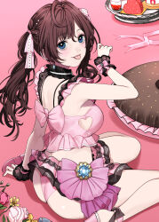 Rule 34 | 1girl, ahoge, alternate hairstyle, arm support, ass, back, bare shoulders, bikini, bikini skirt, black choker, black scrunchie, blue eyes, blue flower, blush, bow, bra strap, breasts, brown hair, cake, choker, clothing cutout, commentary, cup, cushion, earrings, flower, food, frilled choker, frills, from behind, fruit, hair between eyes, hair bow, hair ribbon, hand up, heart, heart cutout, high heels, highres, ichinose shiki, idolmaster, idolmaster cinderella girls, idolmaster cinderella girls starlight stage, jewelry, jirai kei, lace trim, long hair, looking at viewer, looking back, maou (demonlord), medium breasts, panties, pink bikini, pink flower, pink footwear, pink panties, pink ribbon, pink skirt, ribbon, scrunchie, side cutout, sideboob, sitting, skirt, smile, solo, strawberry, swimsuit, tongue, tongue out, tray, twintails, underwear, wariza, wavy hair, white flower, wrist ribbon, wrist scrunchie, yellow flower