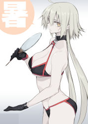 Rule 34 | 10mo, 1girl, bikini, black gloves, breasts, cleavage, closed mouth, fate/grand order, fate (series), gloves, grey hair, hair between eyes, hand fan, highres, holding, holding fan, jeanne d&#039;arc alter (fate), jeanne d&#039;arc alter (swimsuit berserker) (fate), long hair, looking at viewer, medium breasts, o-ring, o-ring bikini, pale skin, simple background, solo, sweat, swimsuit, very long hair, yellow eyes