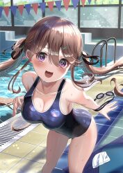 Rule 34 | 1girl, absurdres, breasts, brown hair, cleavage, commentary request, feet out of frame, gluteal fold, goggles, hair ribbon, highres, indoors, leaning forward, long hair, medium breasts, original, pool, pool ladder, purple eyes, ribbon, school swimsuit, smile, starting block, string of flags, swim cap, swimsuit, twintails, unworn goggles, unworn swim cap, wanderlucia