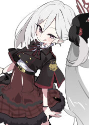 Rule 34 | 1girl, absurdres, black jacket, blue archive, grey hair, halo, highres, jacket, long hair, looking at viewer, mutsuki (blue archive), ocha (popopogg), purple eyes, red skirt, simple background, skirt, solo, white background