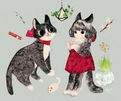 Rule 34 | 1girl, animal, animal ears, animal feet, animal hands, black eyes, black fur, black hair, black tail, bow, branch, cat, cat ears, cat girl, cat tail, child, closed mouth, dress, dress bow, fish, full body, grey background, grey fur, hanging plant, highres, looking at viewer, monster girl, mouse (animal), neck fur, original, plant, pole mura, red bow, red dress, short dress, short hair, simple background, sleeveless, solo, standing, tail