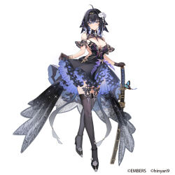 1girl ahoge bare_shoulders black_dress black_footwear black_gloves black_hair black_thighhighs blue_butterfly blue_eyes breasts bug butterfly character_request cleavage copyright_notice copyright_request dress flower full_body gloves hair_flower hair_ornament high_heels highres holding holding_sword holding_weapon insect katana large_breasts miyazakisoul official_art rose sheath sheathed short_hair skirt_hold solo sword thighhighs weapon white_flower white_rose