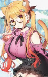 Rule 34 | 1girl, ahoge, animal ear fluff, animal ears, ayamy, black choker, black skirt, blonde hair, blush, breasts, cat ears, cat tail, choker, clothing cutout, commentary request, cup, drinking straw, drinking straw in mouth, ear piercing, extra ears, glasses, hair ornament, hair ribbon, highres, holding, holding cup, hololive, large breasts, long hair, looking at viewer, multicolored hair, nail polish, piercing, pink sweater, red hair, ribbon, semi-rimless eyewear, shoulder cutout, skirt, solo, star (symbol), star hair ornament, streaked hair, suspender skirt, suspenders, sweater, tail, thigh strap, twintails, very long hair, virtual youtuber, wing hair ornament, yellow eyes, yozora mel, yozora mel (jirai kei)