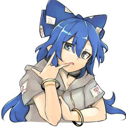 Rule 34 | 1girl, bangle, blue bow, blue eyes, blue hair, bow, bracelet, ginnkei, grey hoodie, hair between eyes, hair bow, hood, hoodie, jewelry, long hair, looking at viewer, open mouth, short sleeves, simple background, solo, touhou, upper body, white background, yorigami shion