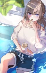 Rule 34 | 1girl, absurdres, bare shoulders, black shorts, blonde hair, blue eyes, blush, breasts, collarbone, commentary request, commission, cup, eating, food, french fries, from above, girls&#039; frontline, hair ornament, hairclip, highres, holding, holding cup, holding food, in water, kuro shiraga, leaf, lens flare, looking at viewer, medium breasts, medium hair, midriff, off-shoulder shirt, off shoulder, open mouth, scar-l (girls&#039; frontline), shirt, short shorts, shorts, sitting, skeb commission, solo, water, white shirt
