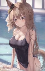 Rule 34 | 1girl, animal ears, bare arms, bare shoulders, black one-piece swimsuit, braid, breasts, brown eyes, brown hair, cleavage, collarbone, covered navel, half updo, highres, horse ears, horse girl, horse tail, large breasts, long hair, looking at viewer, marinesnow, one-piece swimsuit, pool, satono diamond (umamusume), smile, solo, spaghetti strap, swimsuit, tail, thighs, umamusume, water, wet, wet clothes, wet swimsuit