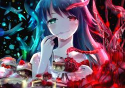 Rule 34 | 1girl, blush, cake, cake slice, collarbone, drooling, eating, food, fruit, green eyes, green hair, hair flaps, hand up, head tilt, heterochromia, highres, holding, holding plate, holding spoon, kuuhaku, light particles, long hair, looking at viewer, matching hair/eyes, plate, pudding, red eyes, saya (saya no uta), saya no uta, sketch, smile, solo, split theme, spoon, strawberry, tentacles, upper body, utensil in mouth