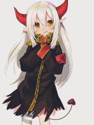 Rule 34 | 1girl, armband, bad id, bad twitter id, black jacket, blush, commentary, cowboy shot, curled horns, demon girl, demon horns, demon tail, emma august, epaulettes, gakuran, grey background, hair between eyes, highres, horns, jacket, long hair, moti yousei, nijisanji, open mouth, pointy ears, school uniform, simple background, single thighhigh, sketch, sleeves past fingers, sleeves past wrists, smile, solo, tail, thighhighs, very long hair, virtual youtuber