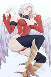 Rule 34 | 1girl, absurdres, bird legs, black thighhighs, blush, breasts, commentary, detached sleeves, english commentary, feathered wings, forehead jewel, frey (tensei shitara slime datta ken), harpy, highres, large breasts, leotard, looking at viewer, monster girl, red leotard, reofenja, smile, solo, talons, tensei shitara slime datta ken, thighhighs, thighs, white hair, wings, yellow eyes