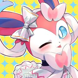 Rule 34 | blue eyes, bow, close-up, closed mouth, clothed pokemon, commentary request, creatures (company), game freak, gen 6 pokemon, highres, katsukare, looking at viewer, nintendo, no humans, one eye closed, pokemon, pokemon (creature), solo, sparkle background, sylveon, tongue, tongue out, white bow