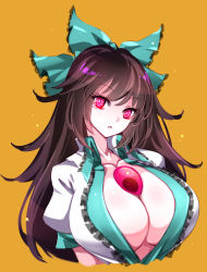 Rule 34 | 1girl, black hair, blouse, breasts, cleavage, collared shirt, frilled shirt collar, frills, huge breasts, long hair, open mouth, puffy short sleeves, puffy sleeves, raptor7, red eyes, reiuji utsuho, shirt, short sleeves, solo, touhou, white shirt