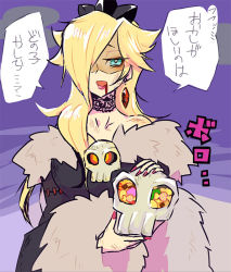 Rule 34 | 1girl, alternate costume, black dress, blonde hair, blood, blood on face, candy, coat, dress, earrings, food, fur coat, hair over one eye, halloween, jewelry, mario (series), nintendo, outdoors, poo, rosalina, skull, solo, super mario galaxy, text focus, translation request