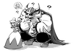 Rule 34 | 1boy, 1girl, ?, bad id, bad pixiv id, beard, bracelet, cape, crossed arms, dress, elbow gloves, closed eyes, facial hair, fake horns, gloves, gown, greyscale, hat, height difference, helmet, horned helmet, horns, jewelry, looking away, monochrome, nintendo, nitorou, pout, queen merelda, shake king, short hair, size difference, spiked bracelet, spikes, squatting, wario land, wario land: shake it!